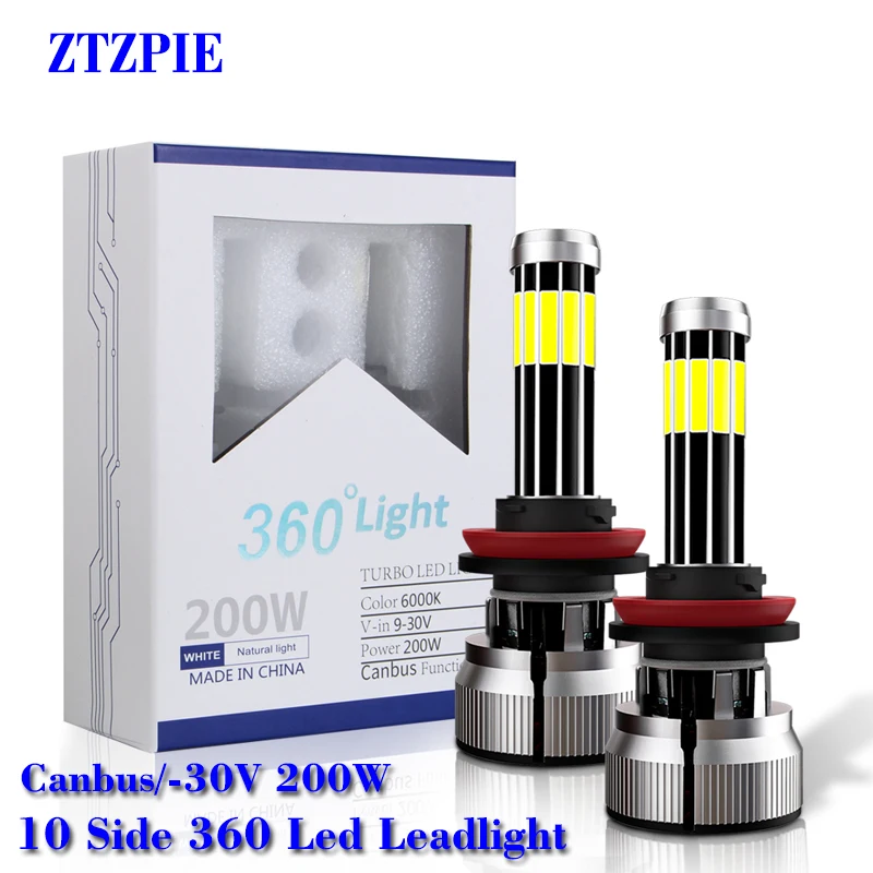 ZTZPIE 6000K 200W 880 9004 H8 H3 H7 H9 30000LM 9006/HB4 9005/HB3 H4 H11 H1 10 SIDES Led Headlight Bulb 9V-30V Car Fog Light 12V