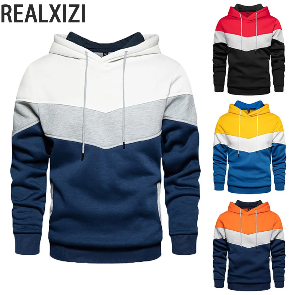 

Fleece Hooded Hoodies Three Color Splicing Sports Sweaters Loose Side Seam Pockets Stitching Hoodie Autumn Winter Men Clothing