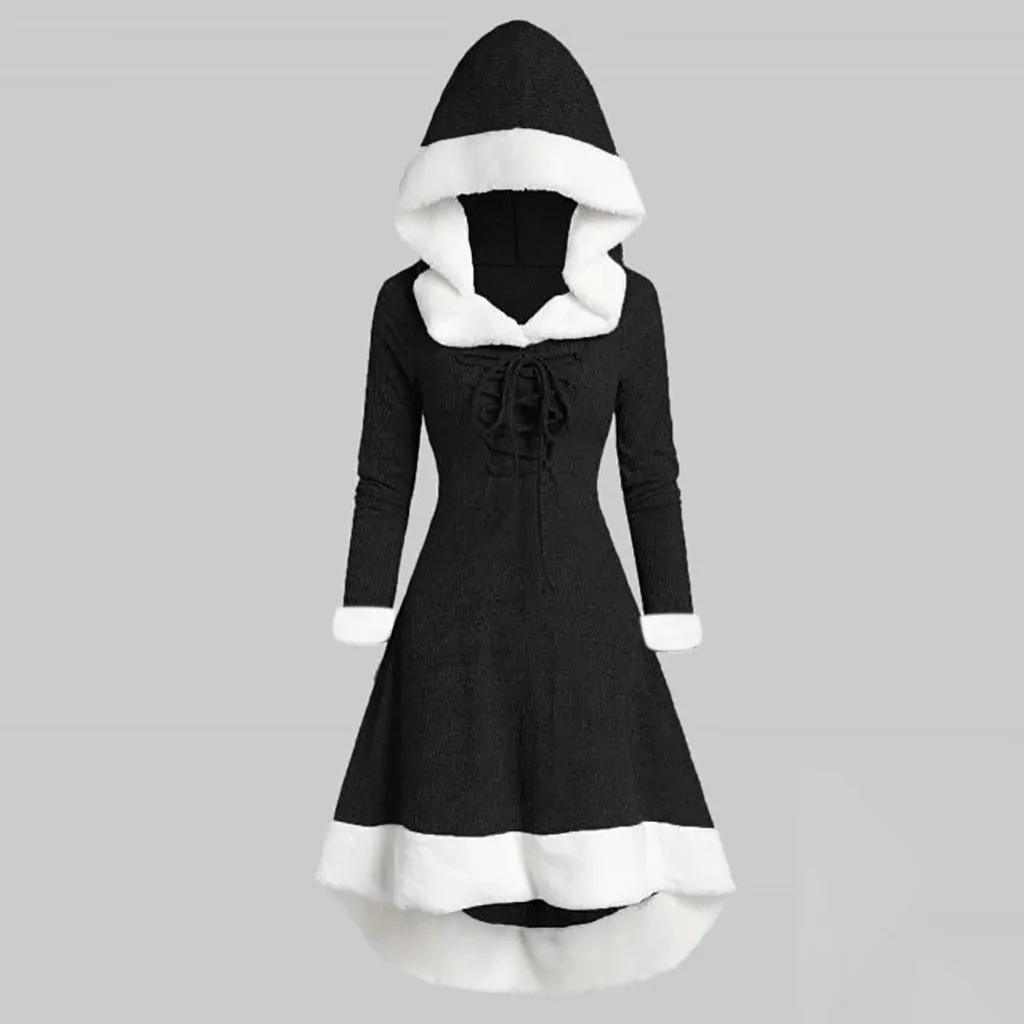 

Vintage Party Fashion Winter Hooded Dress Long Dress Patchwork Womens Sleeve Women's Dress Women Casual V-neck Dress