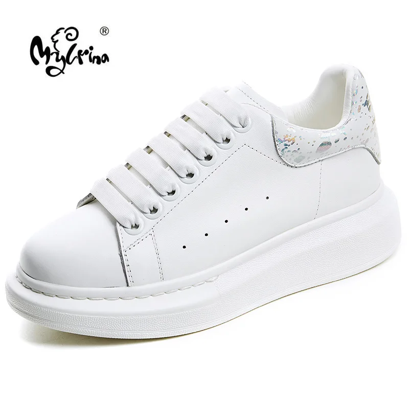 

Fashion White Genuine Leather Women Chunky Sneakers White Shoes Lace Up Zapatos De Mujer Platform Women Casual Shoes