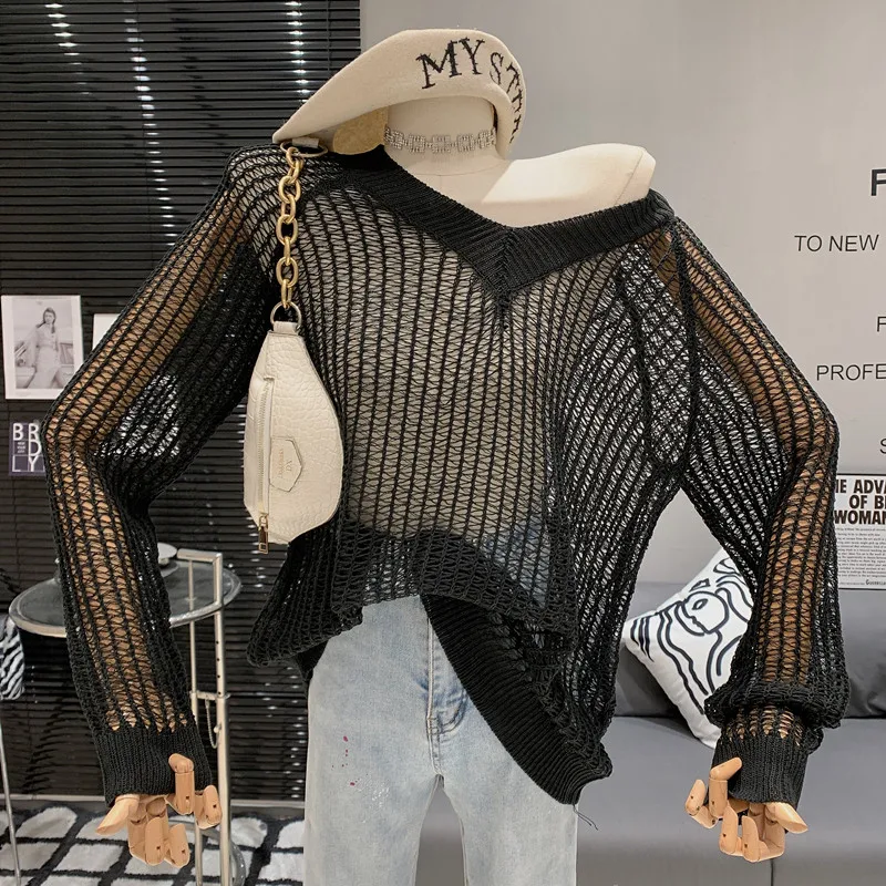 

New in Women's Clothing 2023 Spring Hollow out versatile V-neck stripe sunscreen pullover knitted sweater top