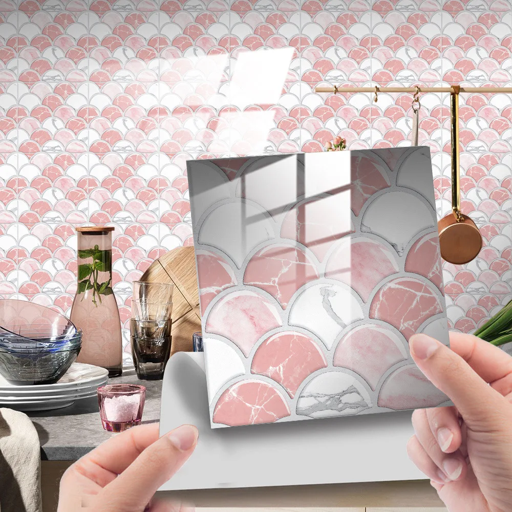 

10PCS Fish Scale Pink Tile 3D Floor Sticker Retro Marble Pattern Crystal Film Kitchen Countertop Bathroom Home Wall Decoration
