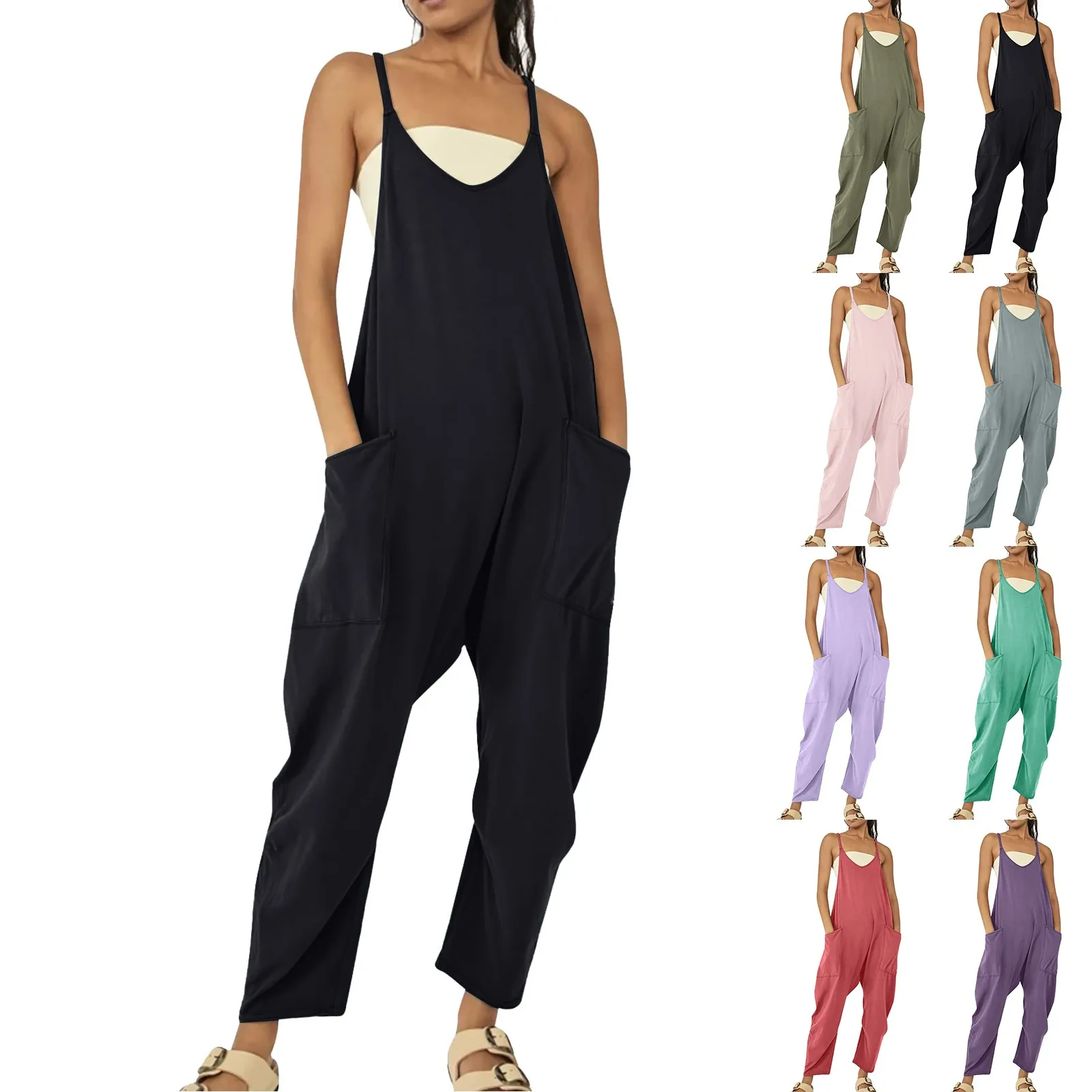 

Women Harem Jumpsuit Spaghetti Long Camis Romper Summer Vintage Loose Wide Leg Bib Overall Jumpsuit Playsuits Pocket Bodysuits