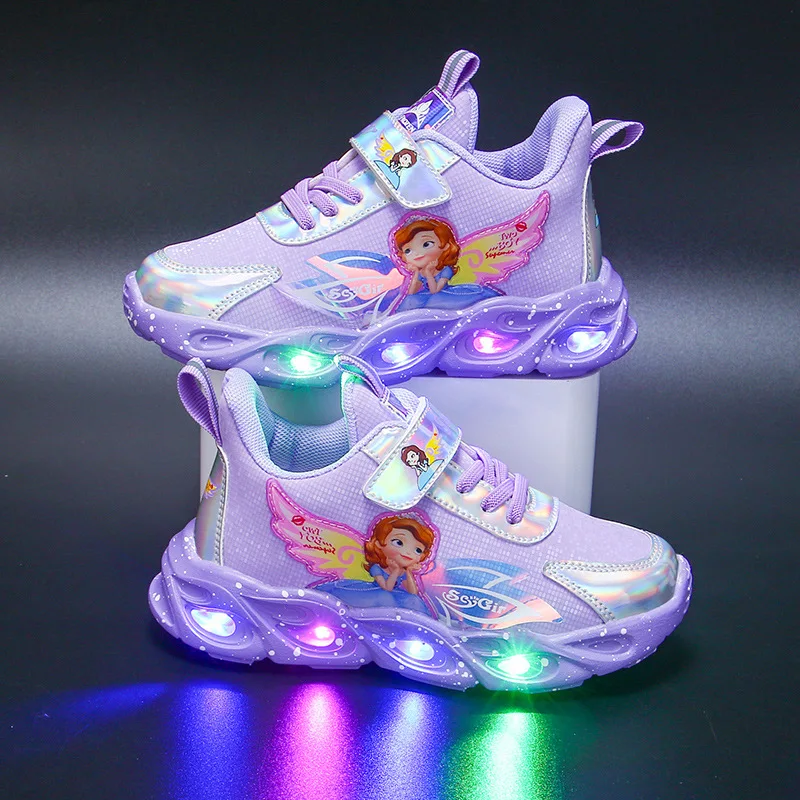 Disney-Zapatos con luces led de frozen para niña, zapatillas deportivas transpirables de malla para bebé, fondo suave, Princesa Sofía, novedad de primavera