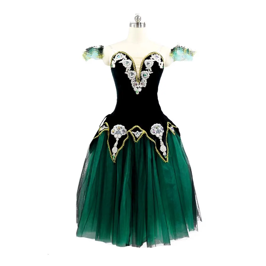 Free Shipping Black Green Gold Romantic Ballet Tutu Long Dress Raymanda Girls Ballerina Professional Performance Stage Costume
