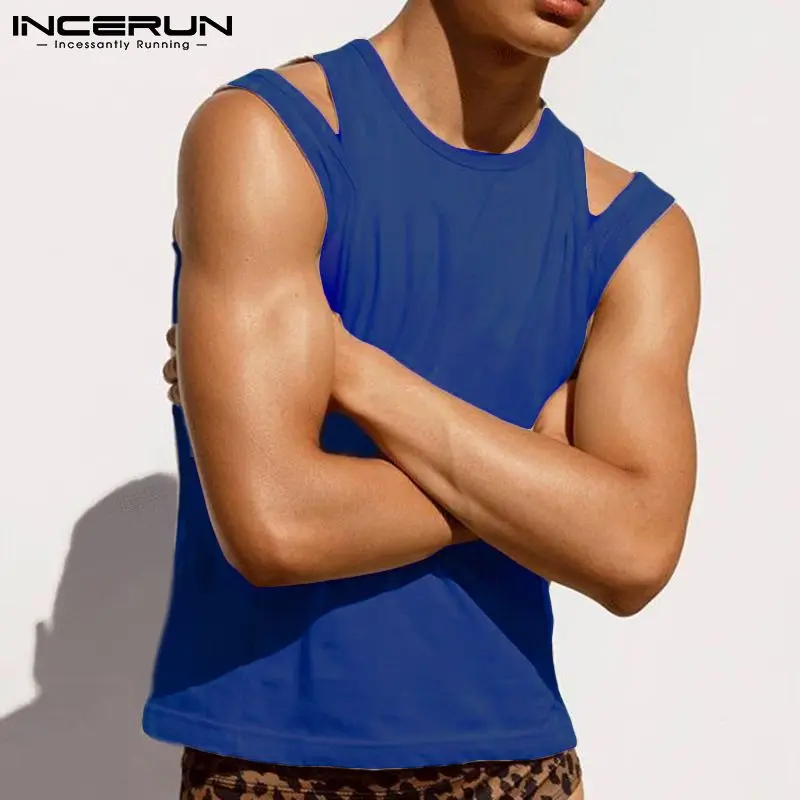 

INCERUN Fashion Men Tank Tops Solid O-neck Sleeveless Hollow Out Sexy Streetwear Casual Vests 2022 Fitness Men Clothing S-5XL 7
