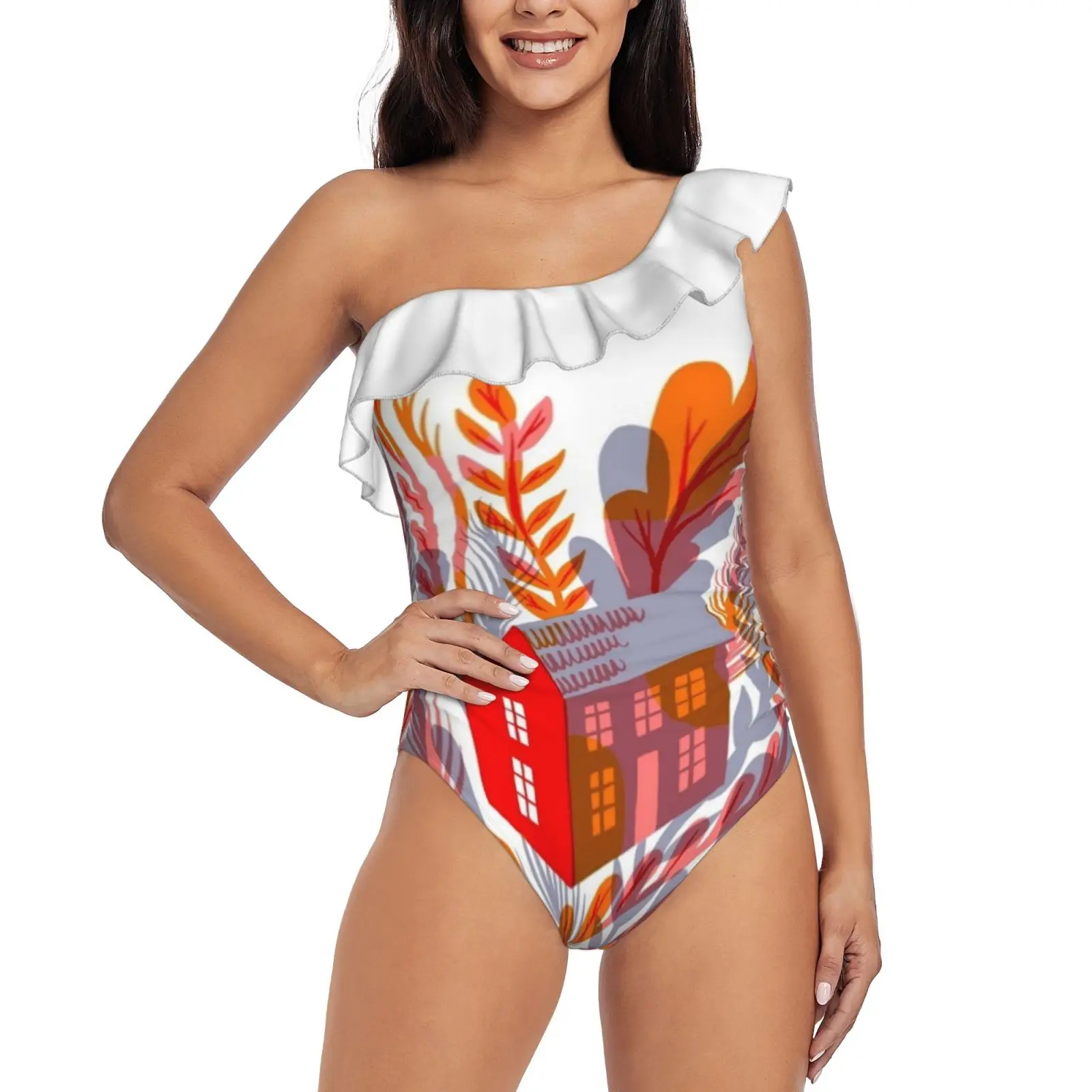 House Flower ( Morning ) One Shoulder Ruffle Swimsuit One-Piece Beach Bathing Suit Print Sexy Women Swimsuit Flower Plants