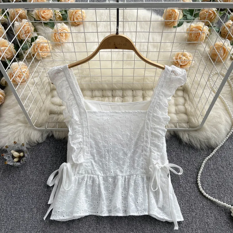 

Temperament square neck Ruffle suspender vest shirt women's loose sweet white top tide blusas mujer de moda 2022