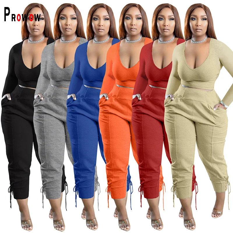 

Prowow Two Piece Women Suits V-neck Cropped Shirts Pant Casual Solid Color Female Clothing Set Long Sleeve Spring Fall Outfits