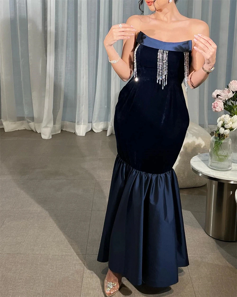 

Sayulita Navy Blue Mermaid Prom Dresses with Tassels Strapless Vestidos Party Evening Gowns Long Maid of Honor Dress for Wedding