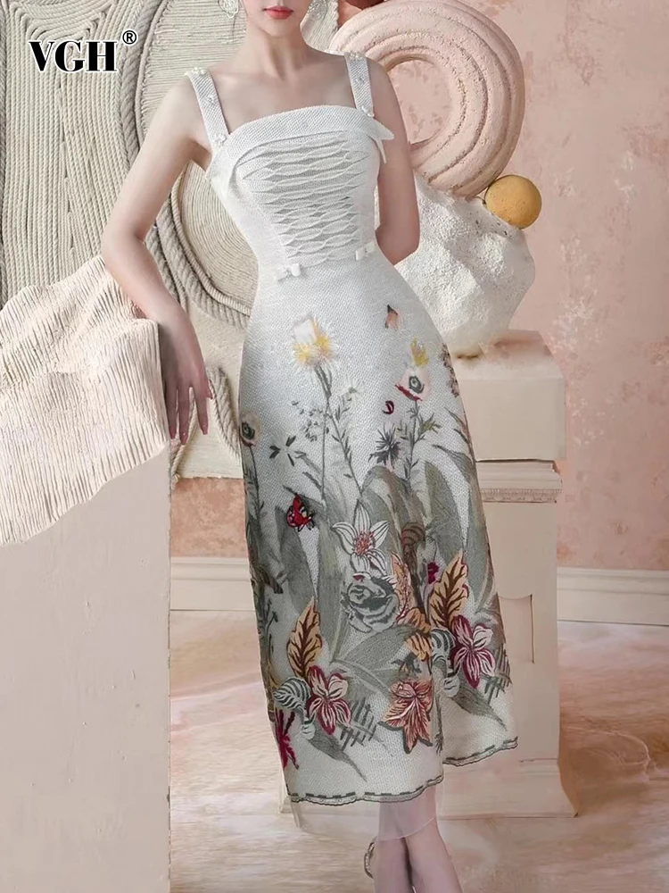 

VGH Elegant Patchwork Embroidery Sling Dress For Women Square Collar Sleeveless High Waist Midi Dresses Female 2022 Clothing New