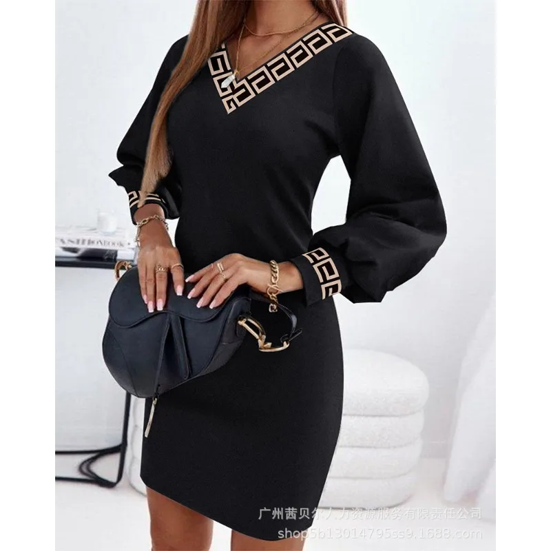 

2023 Spring Summer New Women's Printing Contrast Color V-neck Dress Casual Everyday Fashion All-Matching