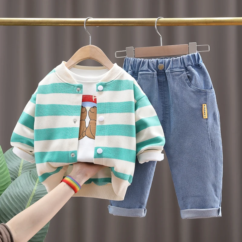 

Infant Outfits 2022 Spring Baby Boys Girls Clothing Sets Kids Newborn Stripe Coats T Shirt Jeans 3 Piece Suit Children Clothes