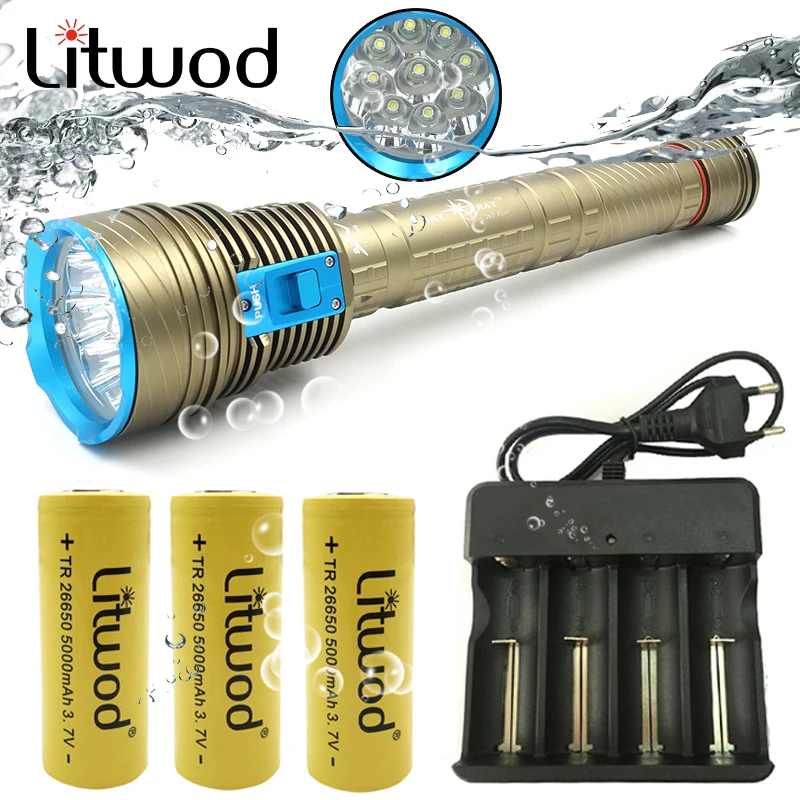 

LED Diving Flashlight Professional Ultra Powerful XM-L 9*T6 Torch 8000 Lumens Underwater 200 Meter Light Lamp By 3x26650 Battery