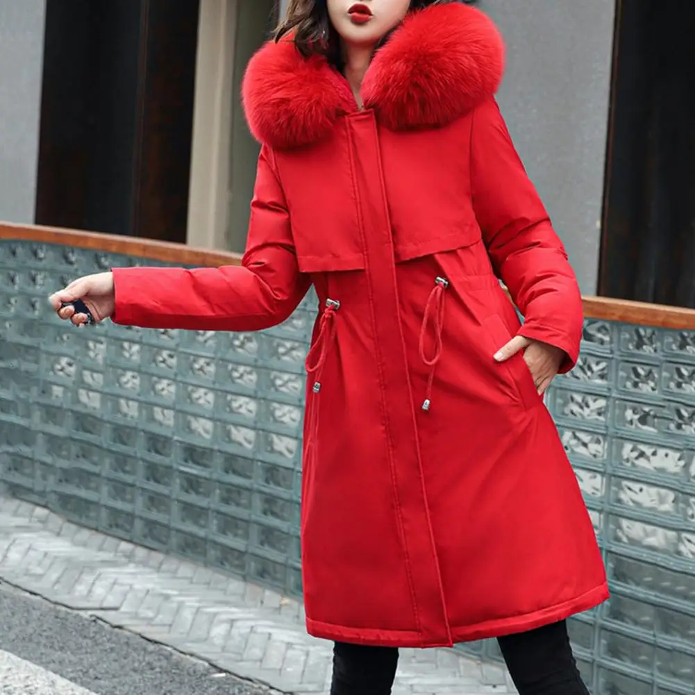 Long Sleeves Waist Drawstring Zipper Buttons Closure Pockets Women Coat Faux Fur Hooded Fleece Lined Padded Cotton Jacket