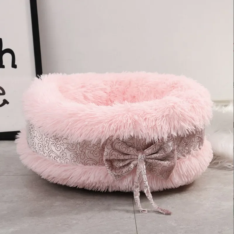 

Five Color Choices Winter Long Plush Warm Cat Nest Round Bowknot Lovely Dog Nest Deep Sleep Pet Bed