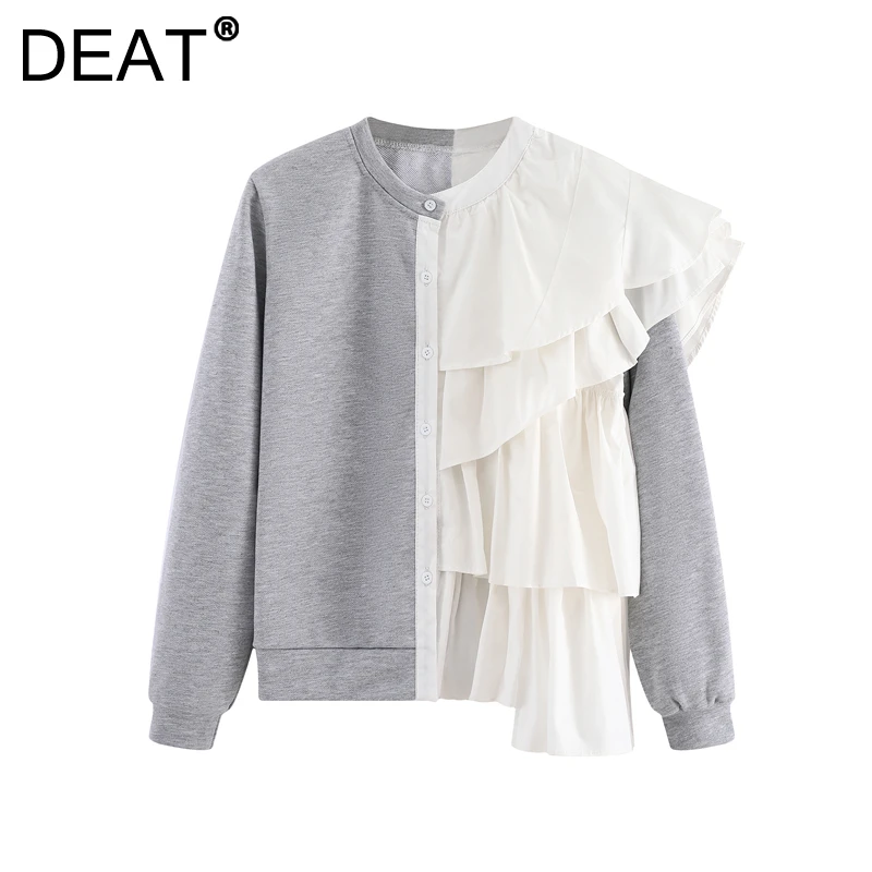

[DEAT] 2022 Autumn New Fashion Tide Tops Long Sleeve Round Neck Splicing Ruffles Loose Casual Sweatshirt Women 13Z1652
