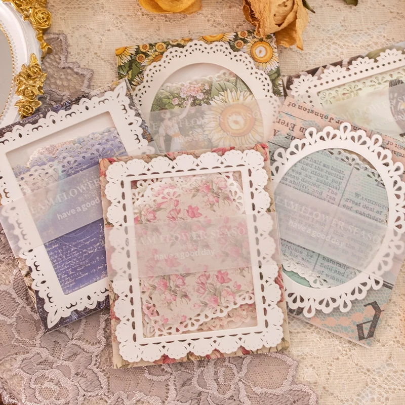 

20Pcs Lace Frame Base Paper Hollow Material Handbook Notes Decorative Collage Flowers Memo Account 153*111MM