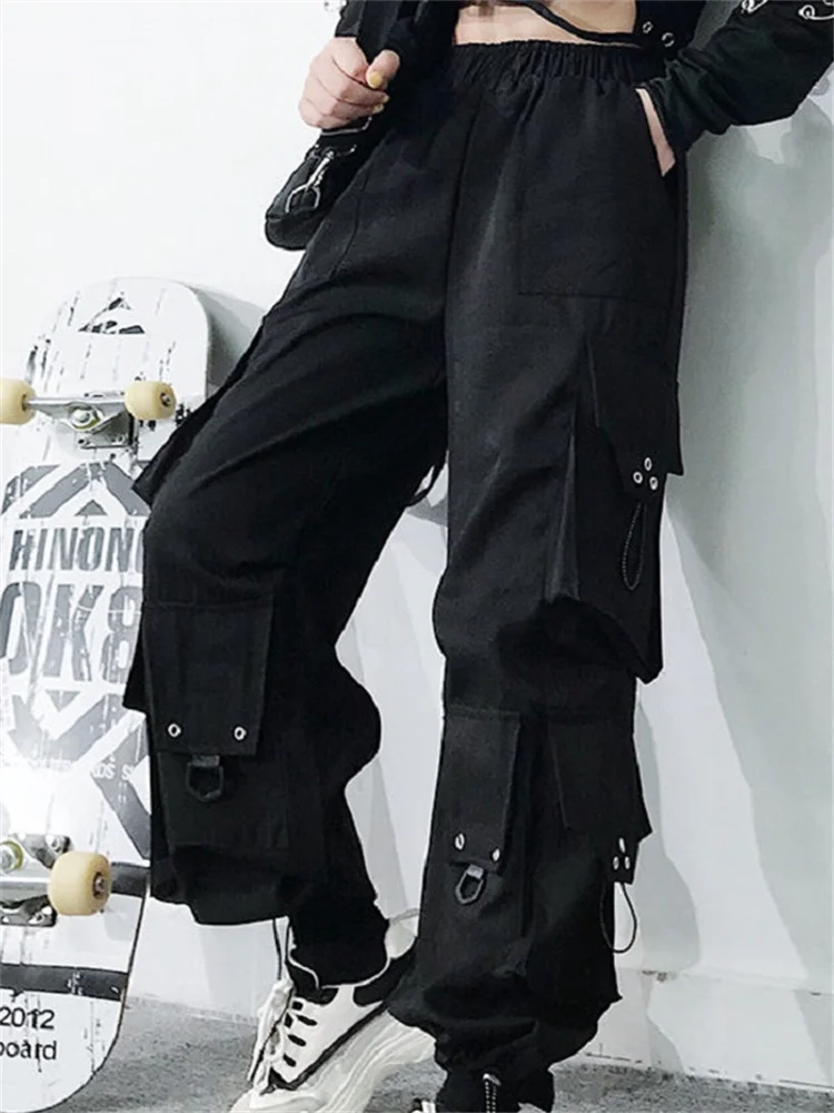 

QWEEK Gothic Black Cargo Pants Women Baggy Harajuku Streetwear Emo Oversize Punk Jogging Trousers for Female Hip Hop Mall Goth