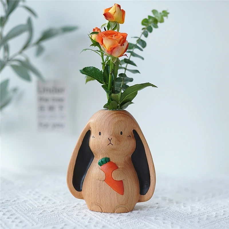 Creative rabbit solid wood dried flower vase ornaments hydroponic arrangement desktop bunny decoration