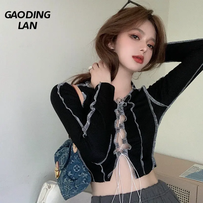 

Женская футболка с длинным рукавом и вырезами, осенняя креативная уличная повязка, облегающие короткие сексуальные топы для ночного клуба