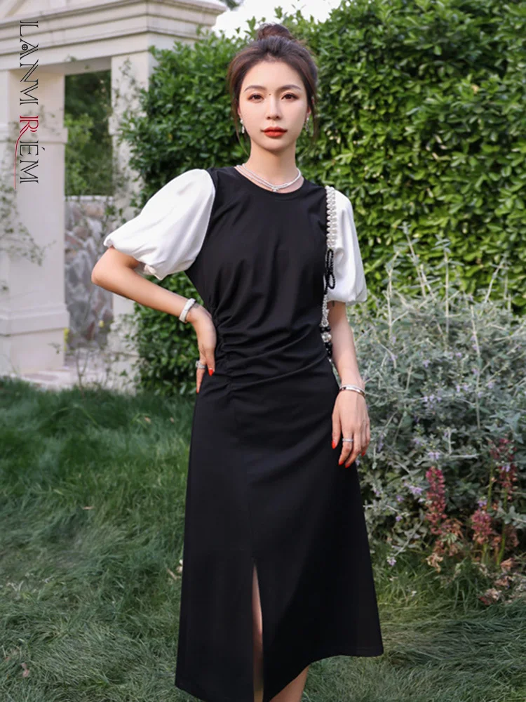 

LANMREM 2022 Summer New Korean Style Waist Slim Puff Sleeve White Black Color Block Split Fashion Dresses Female 2R2334