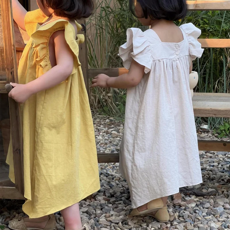 

2023 Summer Kids Clothes Girls Solid Color Ruffles Flying Sleeve Dresses Baby Girl Irregular Long Dress