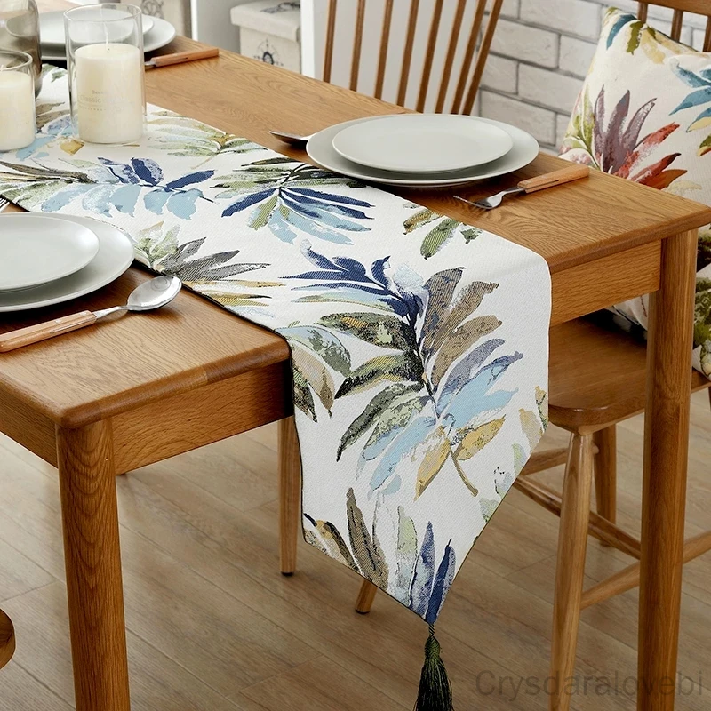 

Modern Table Runner Nordic Embroider Tassels Table Runner Jacquard Leaves Painting Table Cloth for Wedding Hotel Dinner Party