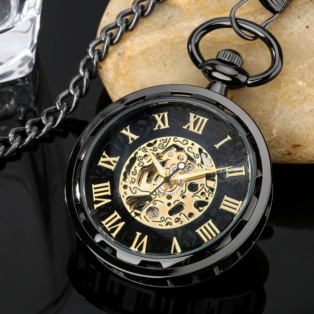 Vintage Hand-Wind Mechanical Pocket Watch Skeleton Roman Numeral Dial Black/Bronze/Silver Pendant Clock for Men Retirement Gifts
