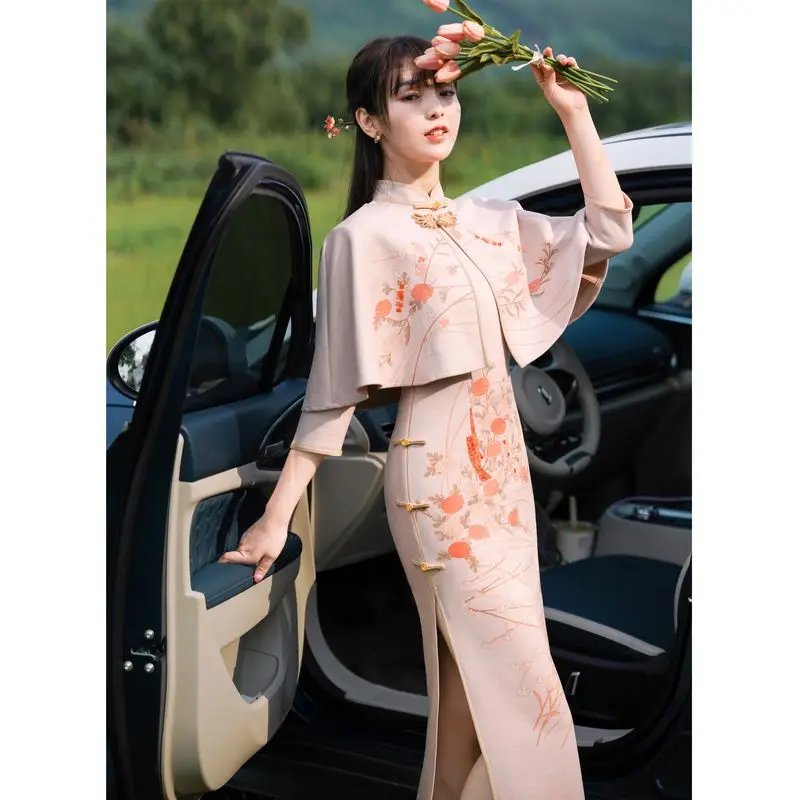 

Suede printed set cheongsam girl Republic of China style retro atmosphere cape cape long daily
