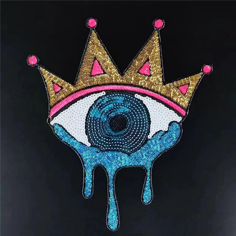 

27CM Crown Eye Patches For Clothing Sequins Biker Badge Embroidery Fabric Patch Sequined Women Clothes Stickers Strange things