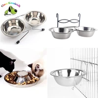 stainless steel pet single double bowl dog cat slow eating feeding bowls fit elevated feeders durable pet hanging drinking dish