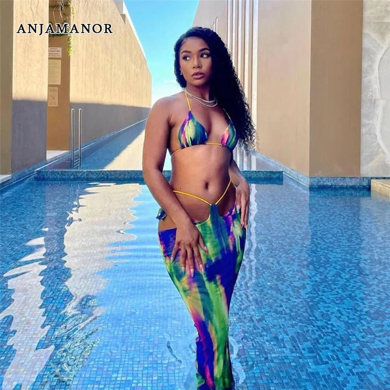 

ANJAMANOR Women 2 Piece Skirt Set 2022 Summer Beach Party Vacation Outfits Sexy Print Maxi Skirt and Top Matching Sets D83-BG20