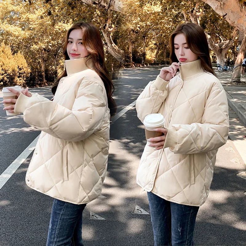 Cotton-padded Jacket Female Lozenge Case Round Collar Short Holiday Two Stitching Thread Thin Cotton-padded Clothes, Leisure