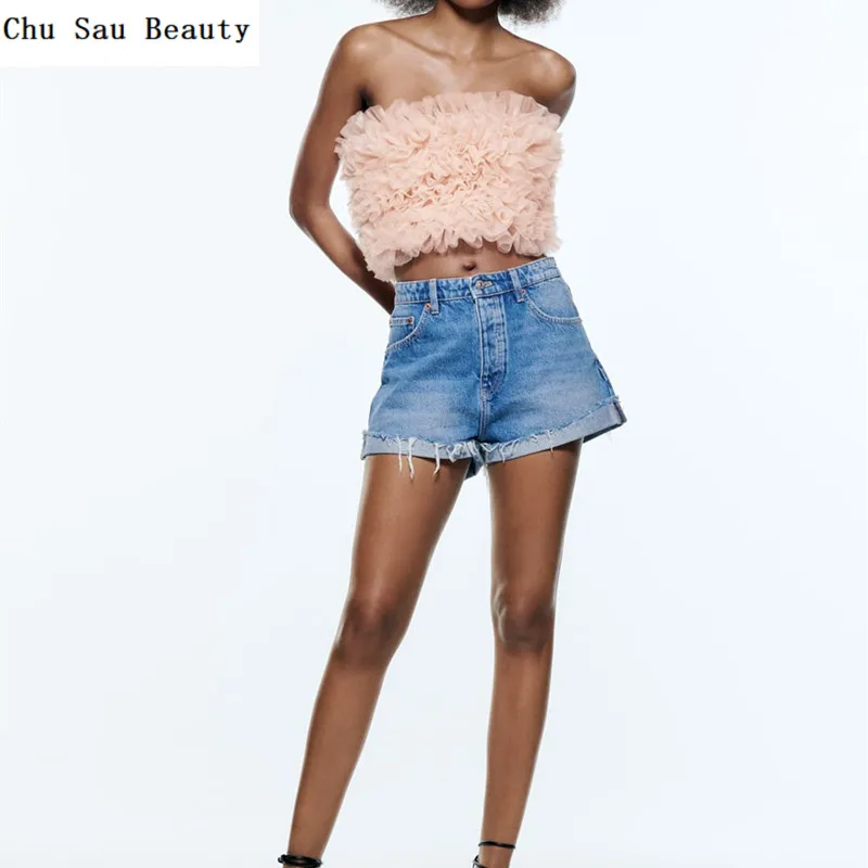 

Chu Sau Beauty 2022 ZA Новинка женский милый розовый тюлевый Вязаный топ летние модные Универсальные сексуальные короткие топы с открытыми плечами