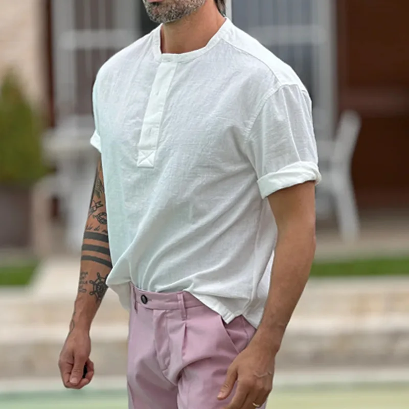 

Футболка мужская с коротким рукавом, модная простая однотонная хлопково-льняная рубашка свободного покроя, Повседневный пуловер на пуговицах, с круглым вырезом, для отдыха, на лето