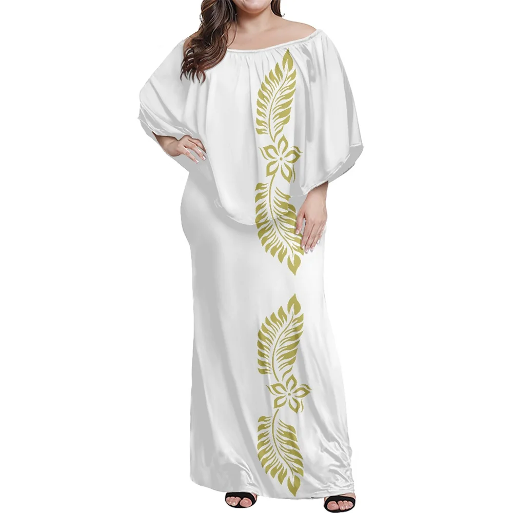 2023 Maxi Formal Shawl Ruffle Dress Polynesian Tribal Clothing Samoan White Tapa Flower Print Women Party Elegant Hawaiian Fiji