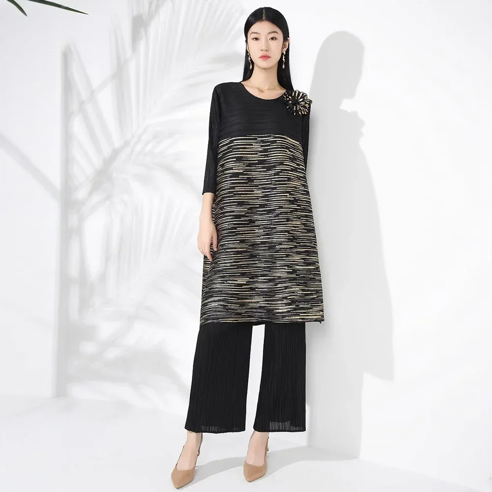 Miyake плиссированный костюм женский осенний новый высококачественный бронзовый