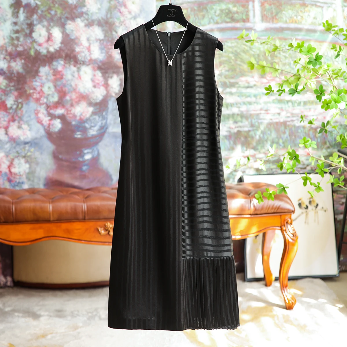 

Женское платье с круглым вырезом, черное ацетатное плиссированное платье с круглым вырезом, деловые темпераментные длинные платья, одежда для осени, 2023