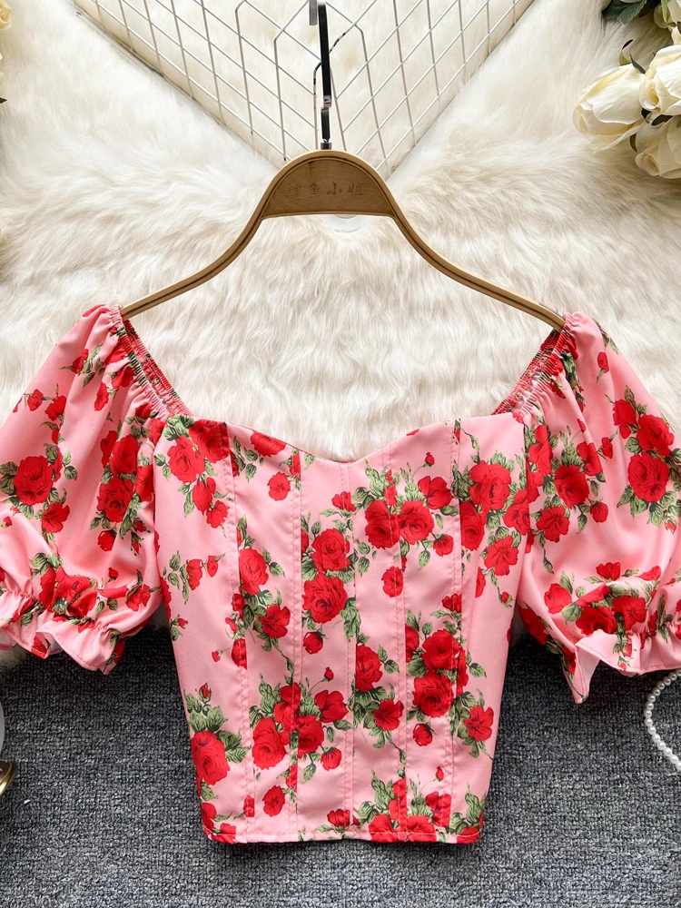 

YuooMuoo 2022 Summer Floral Print Women Blouse Shirts French Fashion Square Collar Young Lady Short Tops