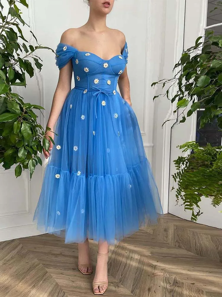 

2022 Sexy Homecoming Dress Off Shoulder Sweetheart With 3D Flowers Occasion Evening Dress Tulle Party Dress Robe De Soirée