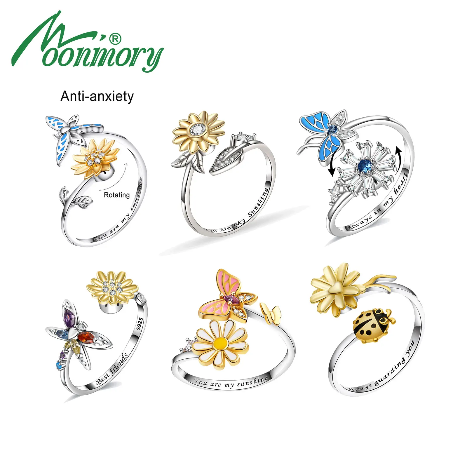 Moonmory 925 Sterling Silver Women's Anxiety Ring Rotating Opening Ring Sunshine Flower Enamel Butterfly Relieving Stress Rings