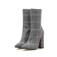 women short boots classic grey plaid fabric pointed toe chunky heel side zipper fashion party street elegant women shoes kc089