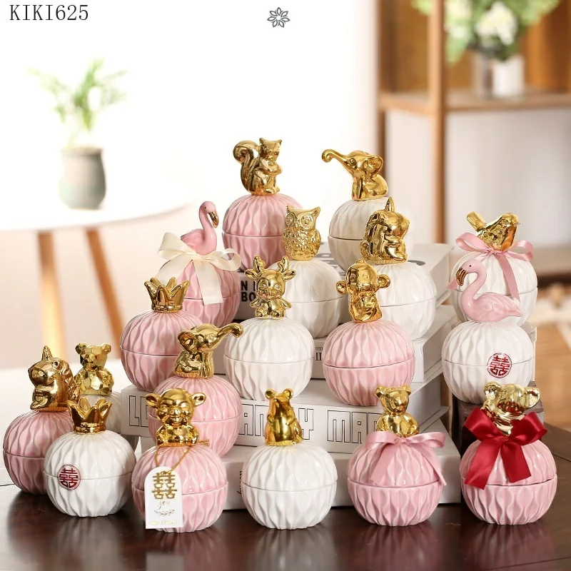 

Pink Ceramic Candy Box Cute Girl Room Decoration Jewelry Necklace Storage Jar Portable Mini Debris Jar Modern Home Decoration