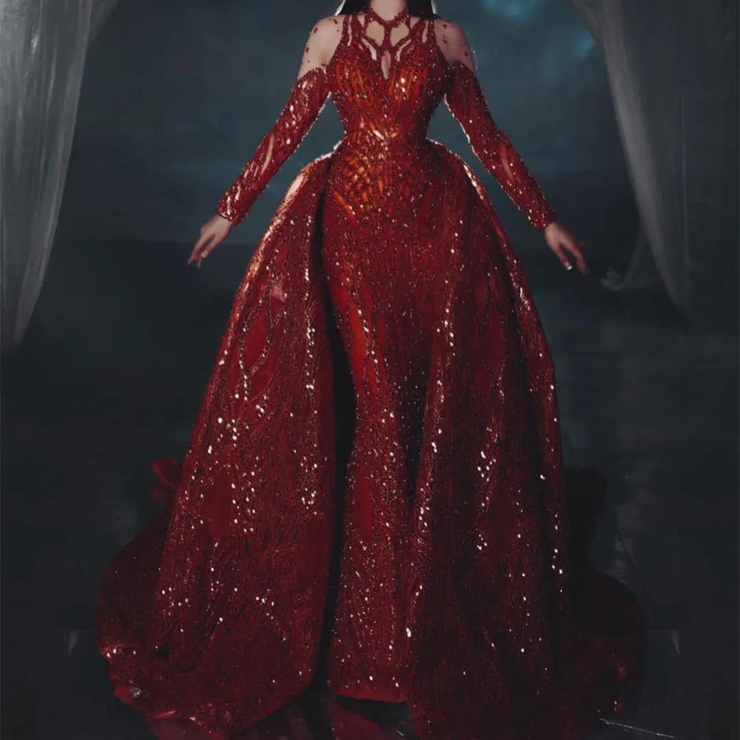 

Темно-красные вечерние платья с V-образным вырезом, лямкой на шее, длинными рукавами, блестками, бусинами, аппликацией, съемным шлейфом, выпу...