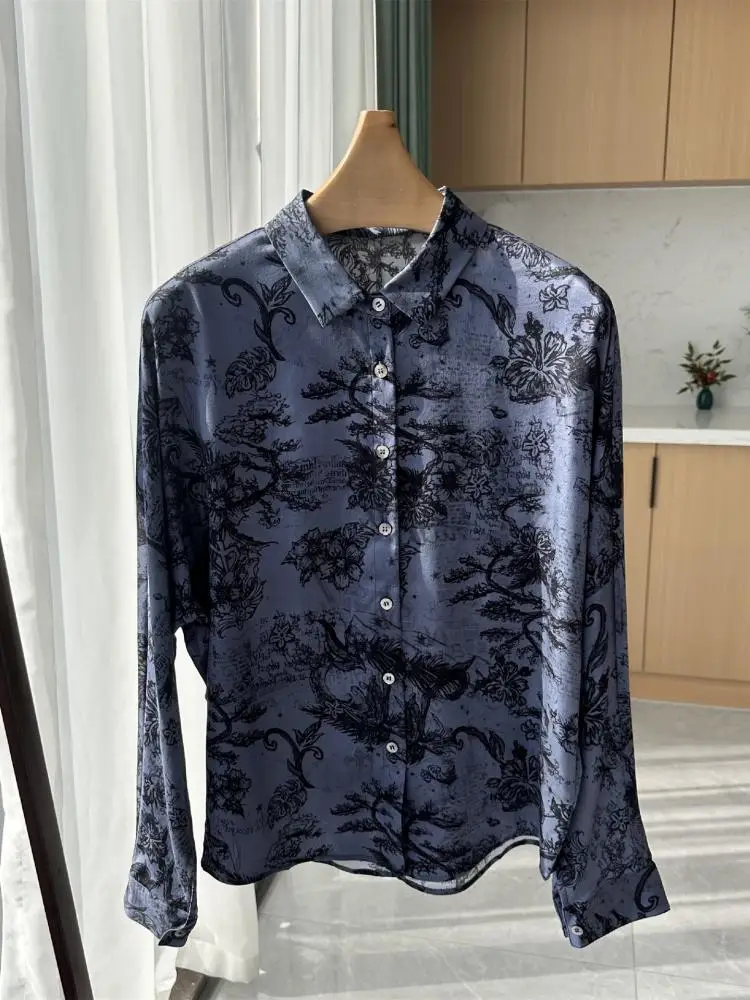 

Women Vintage Ink Floral Print Shirt 100% Silk 2023 Early Spring New Ladies Turn-Down Collar Single Breasted Blouse Female Tops