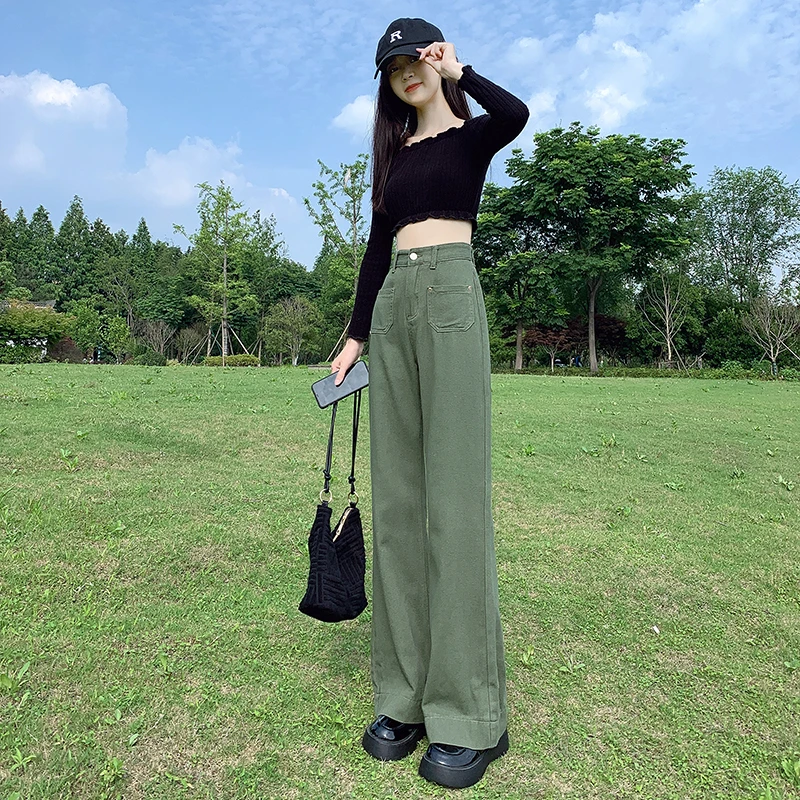 Real time high waisted jeans for women in 2023 high street spring and summer army green loose fitting wide leg pants