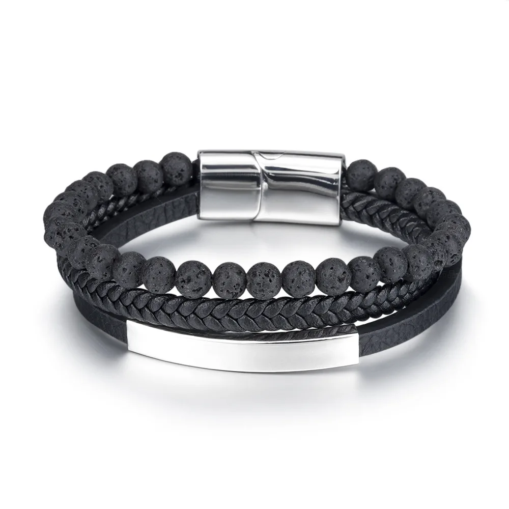 

Wholesale Volcanic Natural Stone Beaded Stainless Steel Bracelet Bangle Men 'S Weaving Cow Leather Ornament Titanium