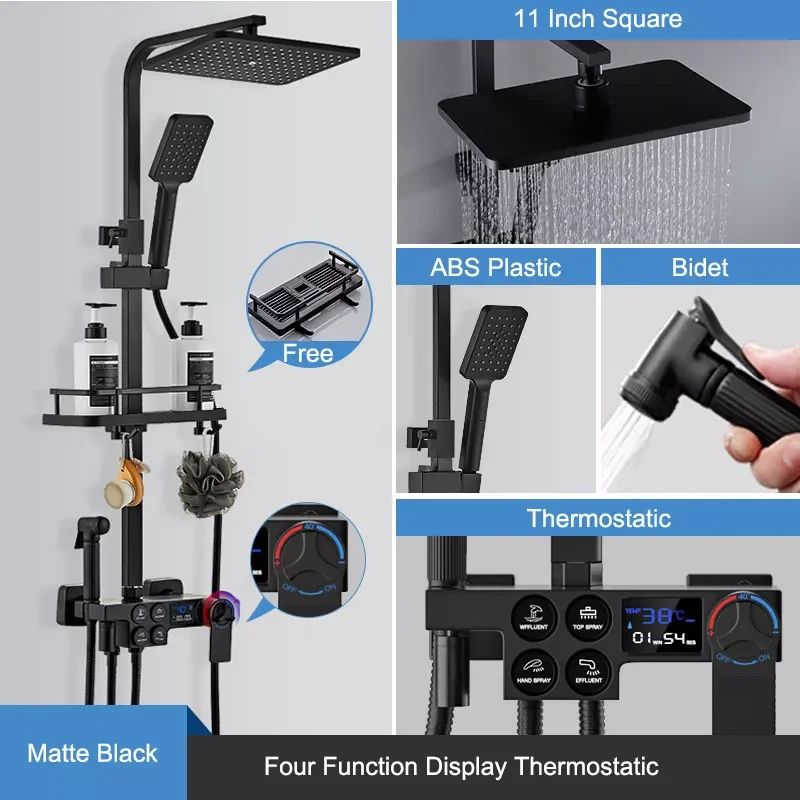 

Display Thermostatic Shower Faucet Set Rainfall Bathtub Tap With Bathroom Shelf Water Flow Produces Power Generation