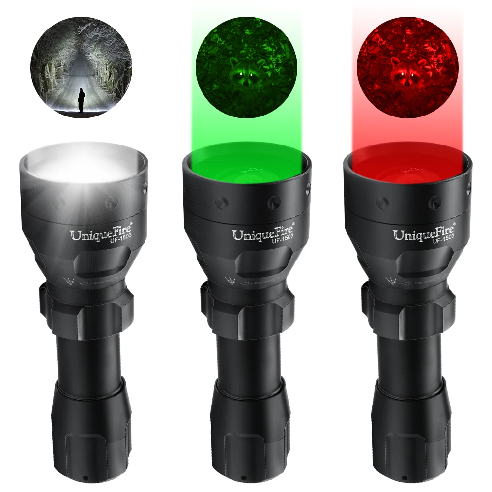 Uniquefire 1503 XRE/XM-L2 Green/Red/White Light LED Flashlight Outdoor Trip Adjustable Focus Tactical for Night Fishing Hunting